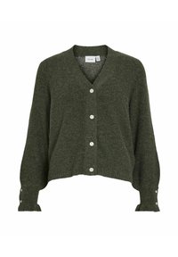 Groene, gestructureerde cardigan met een V-hals, voorzien van zes witte knopen aan de voorkant en franjes op de lange mouwen.