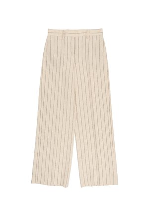 Beige Hochbundhose mit schwarzen vertikalen Nadelstreifen, weitem Bein, Gürtelschlaufen und vorderen Falten.