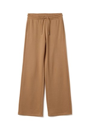 Bruine broek met wijde pijpen, elastische tailleband en trekkoord, met zijzakken, plat gelegd op een witte achtergrond.