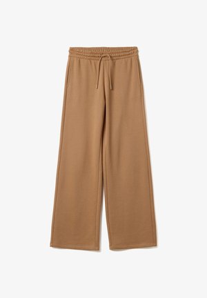 Bruine broek met wijde pijpen, elastische tailleband en trekkoord, met zijzakken, plat gelegd op een witte achtergrond.