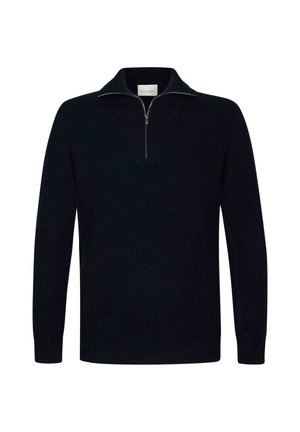 Pull en tricot de couleur bleu marine foncé, avec un col montant zippé, des manches longues et une texture côtelée sur l'ensemble du tissu.