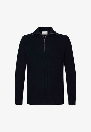 Pullover lavorato a maglia di colore blu navy scuro, con colletto a zip, maniche lunghe e texture a coste su tutto il tessuto.
