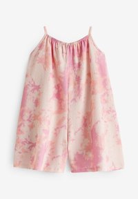Mono de toalla en rosa pastel con un patrón de tie-dye. Presenta tirantes finos y un escote elástico para mayor comodidad.