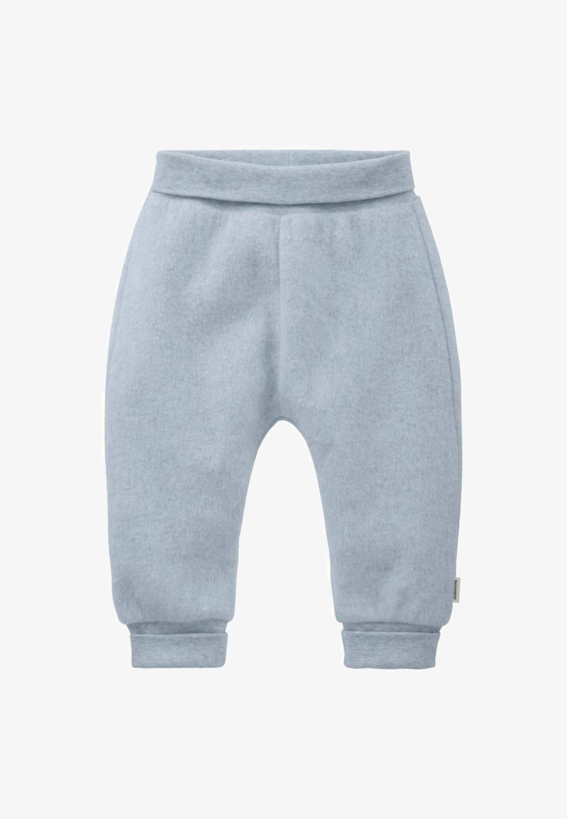 Hellblaue weiche Babyhose aus Stoff mit umgeschlagenen Bündchen und einem breiten Bund, entworfen für Komfort und Bewegungsfreiheit.