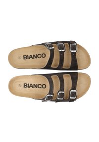 Sandali in suede marrone scuro con tre cinturini regolabili, fibbie argentate e una soletta imbottita di colore naturale. Marca: Bianco, misura 37.
