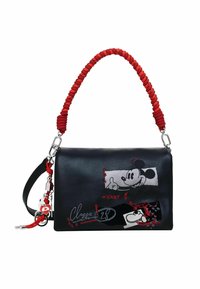 Sac à main en simili cuir noir avec une poignée tressée rouge, arborant des graphismes de Mickey Mouse, du matériel en métal argenté et des accents graphiques.