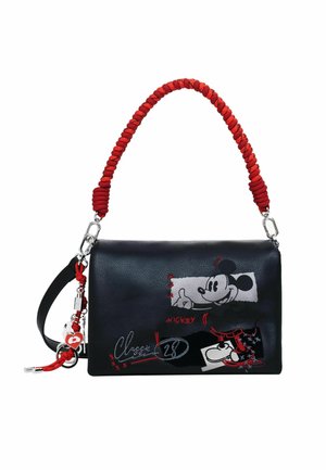 Borsa a tracolla nera in ecopelle con manico intrecciato rosso, caratterizzata da grafica di Topolino, hardware argentato e accenti grafici.