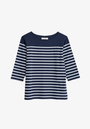Tumed sinine puuvillane top, millel on 3/4-sleedid ja horisontaalsed valged triibud. Ümmargune kaelus ja mugav lõige. Sile tekstuur.