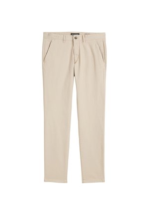 Beige chino's met een rechte snit, twee voorzakken en een rits met knoopsluiting. Gladde stof met een subtiele textuur.