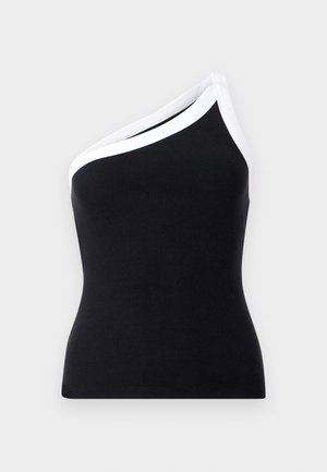 Black ribbed one-shoulder top with white trim along the neckline. Fitted design, soft texture, and clean lines.