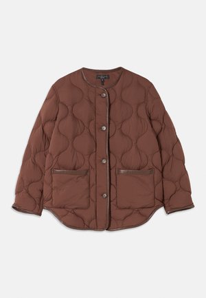 Brown quilted jacket featuring a round neckline, front button closure, two front pockets, and smooth leather accents along the edges.