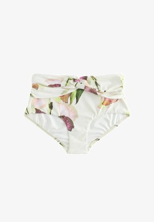 Dámské bikiny s vysokým pasem a zkrouceným detailem vpředu, bílý základ s jemným růžovým a zeleným květinovým potiskem.