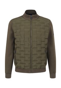 Olive green jacket with quilted front, solid brown sleeves, high collar, zipper closure, and side pockets. Soft texture and lightweight design.