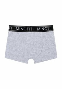 Sive pamučne bokserice s crnim pojasom, s natpisom "MINOTITI" u bijelom. Glatka tekstura i standardni kroj.