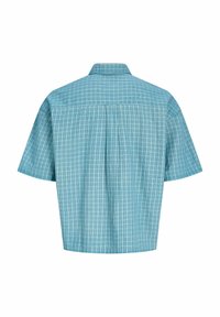 Chemise bleu clair à manches courtes avec motif à carreaux foncés, vue de dos, avec un col classique et une coupe ample.