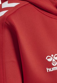 Rode hoodie van gladde stof, met een wit logo en chevronpatroonaccenten langs de schoudernaad.