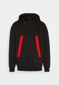 Felpa nera con accenti rossi, dotata di tasca frontale e logo. Realizzata in tessuto morbido, presenta un cappuccio con lacci e spalline a contrasto.