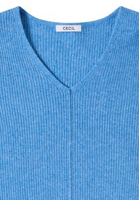 Pull en tricot bleu clair avec encolure en V. Présente une texture côtelée et une étiquette indiquant "CEcil". Design simple sans autres ornements.