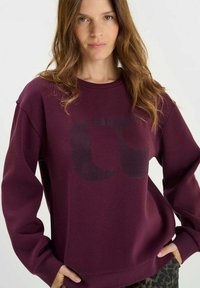 Maroon sweatshirt with long sleeves and a crew neck. Features a large black logo on the front. Soft fabric with a relaxed fit.