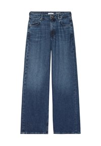 Wide-leg blue denim jeans with a high waist, featuring front pockets, a button closure, and a slight fade in the fabric.