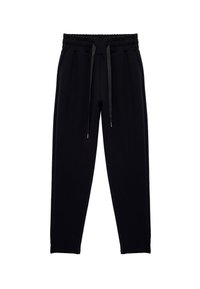 Czarne joggery z regulowanym pasem, wykonane z miękkiego materiału, z tapered legs i elastycznymi mankietami. Brak widocznych wzorów i logo.