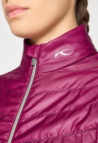 Fuchsia Pufferjacke mit hohem Kragen, silbernem Reißverschluss, genähten Paneelen und einem weißen Logo am Kragen. Glatte, glänzende Textur.