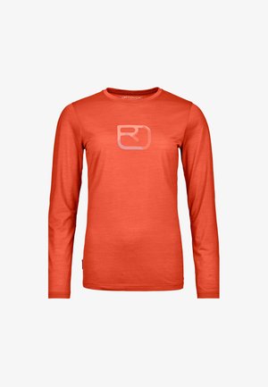 Long-sleeve shirt in vibrant orange fabric, featuring a subtle logo in the center, round neck, and smooth texture.