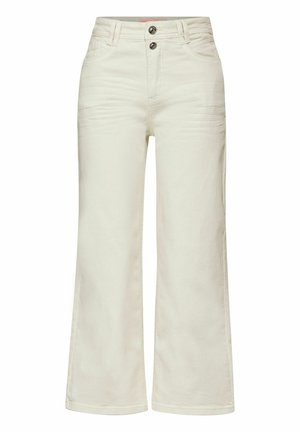 Hoch taillierte, cremefarbene Jeans mit weitem Bein, zwei vorderen Knöpfen, Fronttaschen und Gürtelschlaufen, dargestellt vor weißem Hintergrund.