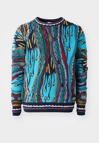 Sweater with a crew neck, featuring a vibrant multi-color pattern of blue, red, green, and yellow, with intricate textures and detailing.