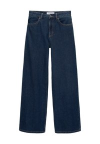 Pantalones vaqueros de mezclilla de pierna ancha en azul oscuro, con cierre de botón y cremallera, bolsillos delanteros y traseros, y trabillas para el cinturón.