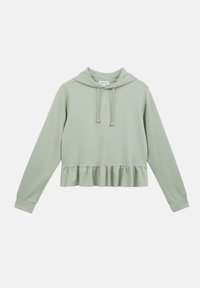 Lys grønn cropped hettegenser i myk stoff med snorhette, lange ermer og rynket nederkant i midjen. Enkelt design, uten mønstre.