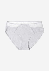 Jasnoszare bawełniane majtki z koronkowymi panelami na pasku i bokach. Posiadają bezszwowy design i miękką teksturę dla wygody.
