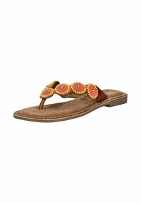 Brune tanga sandal med en tekstureret sål, prydet med livlige orange og gule perle blomsterakcenter på tværs af remmen.