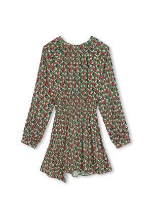 Abito lungo a maniche lunghe con vita arricciata, scollatura rotonda e motivo rosso, bianco e verde su tessuto leggero.