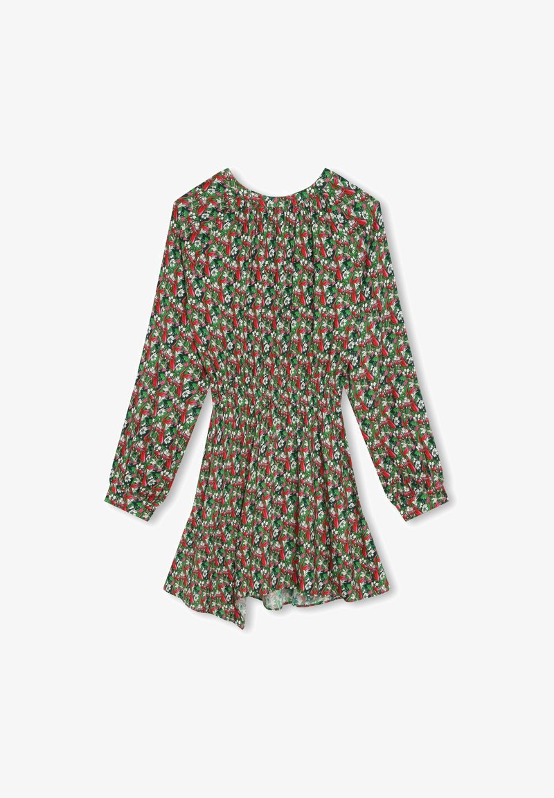 Φόρεμα μακρυμάνικο με λουλούδια, με συγκεντρωμένη μέση, στρογγυλή λαιμόκοψη και σχέδιο σε κόκκινο, λευκό και πράσινο χρώμα σε ελαφρύ ύφασμα.