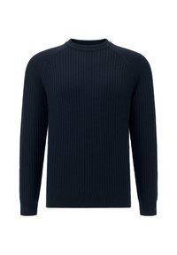 Marineblauwe geribbelde trui met lange mouwen, ronde halslijn en textuurstof. Heeft een aansluitende zoom en een raglanmouwontwerp.