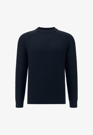 Granatowy sweter z prążkowanego materiału, z długimi rękawami, okrągłym dekoltem i fakturowanym materiałem. Posiada dopasowany dół i projekt rękawów raglanowych.