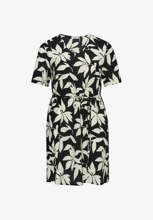 Black short-sleeve dress with large white floral print, V-neckline, and a thin tie belt at the waist.