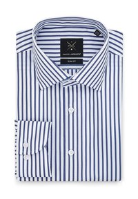 Koszula slim-fit w pasy, z niebieskimi i białymi pionowymi paskami, z kołnierzykiem zapinanym na guziki oraz mankietem zapinanym na jeden guzik, wykonana z gładkiej bawełny.