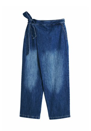 Denim wide-leg trousers with a tied waist, featuring a gradient from dark to light blue, and a smooth texture with minimal hardware.
