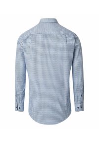 Koszula z długim rękawem w jasnoniebieskim kolorze, ozdobiona geometrycznym wzorem. Klasyczny kołnierzyk z guzikami na mankietach oraz szczegóły w tylnej części.