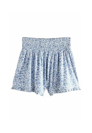 Pantaloni corti di un blu chiaro con un motivo floreale in blu scuro. Vita smock, elasticizzata per il massimo comfort, con orli arruffati.
