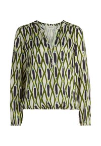 Bluzka z długim rękawem wykonana z lekkiego materiału, z zielono-białym wzorem w kształcie diamentów z turkusowymi i ciemnymi akcentami. Dekolt w serek i detal z guzikiem.