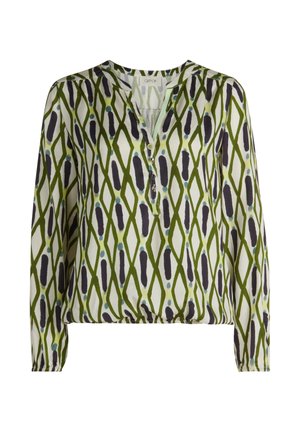 Blouse met lange mouwen van lichtgewicht stof met een patroon van groene en witte ruiten, met turquoise en donkere accenten. V-hals met knoopdetail.