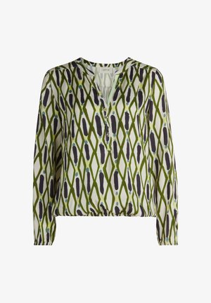 Blouse met lange mouwen van lichtgewicht stof met een patroon van groene en witte ruiten, met turquoise en donkere accenten. V-hals met knoopdetail.