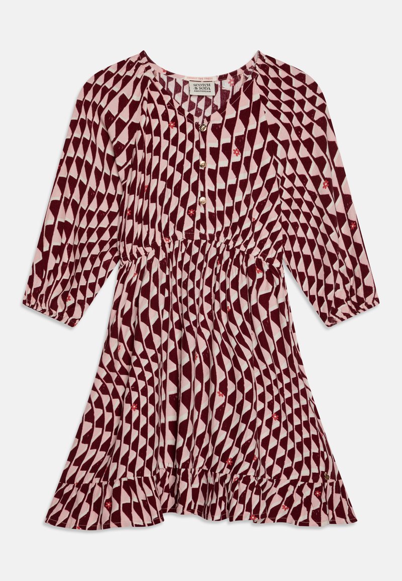 Vestido com padrão vermelho e rosa, com decote abotoado, mangas longas e bainha franzida. Feito de tecido leve com um design plissado.
