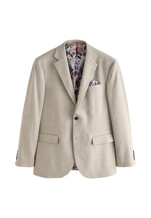 Blazer beige monopetto con rever a lancia, tasche con patta e fodera interna e fazzoletto da taschino con fantasia floreale.