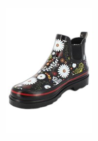 Schwarze Gummistiefelette mit einem Blumenmuster, das weiße Gänseblümchen und farbenfrohe Akzente zeigt. Roter Streifen entlang der Sohle, strukturierte Außensohle.