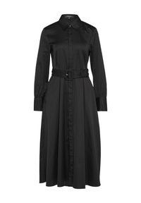 Schwarzes Hemdkleid aus glattem Stoff, mit einem taillierten Gürtel, langen Ärmeln und einem ausgestellten Rockdesign.