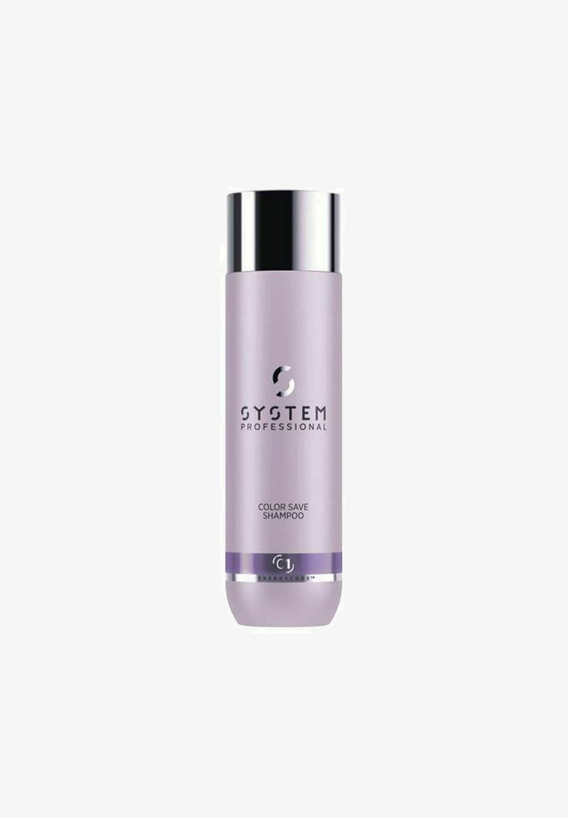 Purple shampoo bottle with a silver cap, labeled "System Professional Color Save Shampoo." Smooth texture, cylindrical shape, minimalistic design.
